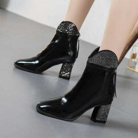 

FITORON Womens Mid Calf Boots- New Round Head Elastic and Fashionable Sleeve Thick High-heeled Short Boots Black 37