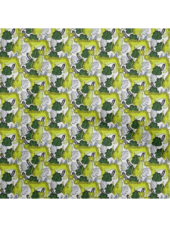 SilkTabbyLimeGreenFabricTropicalLeafWithAnimalDressMaterialFabricPrintFabricByTheYard42InchWide