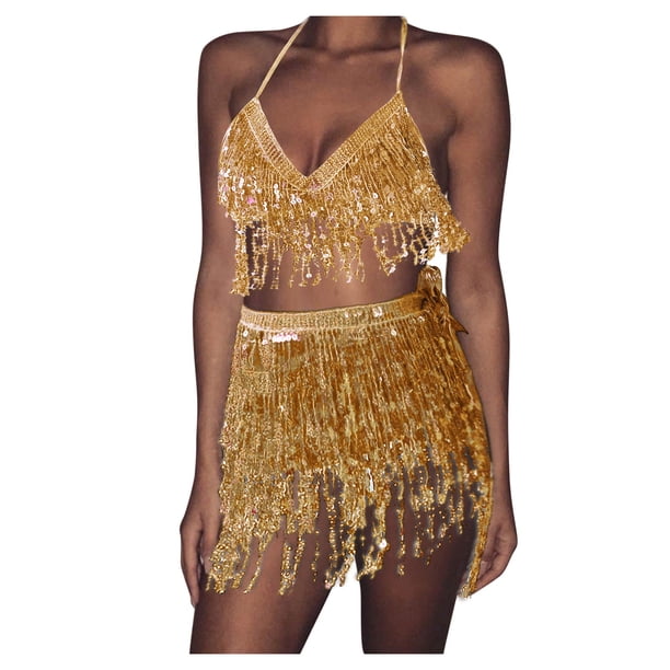 Conjunto de traje de danza del vientre con lentejuelas para mujer - Chaleco + falda, poliéster/lentejuelas, talla única - Con borlas/ropa de fiesta