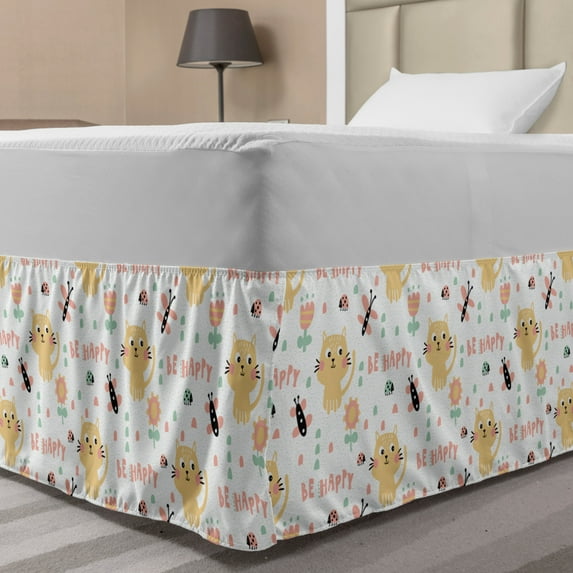 Nursery Bed Skirt, Pastel Childish Pattern Kittens Butterflies Ladybugs and Flowers, Elastic Bedskirt Dust Ruffle Wrap Around for Bedding Decor, 4 Sizes, Multicolor, by Ambesonne