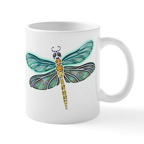 CafePress - Glowing Stained Glass And Abalone Shell Dragonfly - 11 oz Ceramic Mug - Novelty Coffee Tea Cup