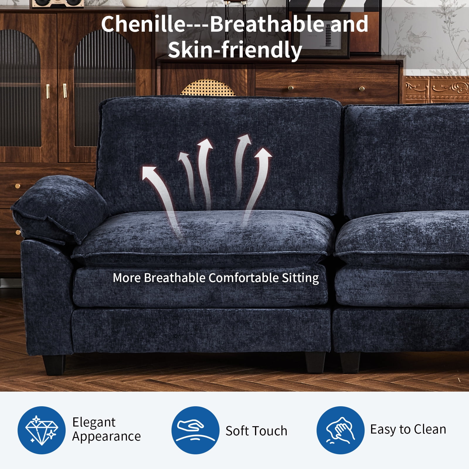 Capri 122" Oversized Sectional Couch, L Shaped Cloud Couch, Convertible Sofa Set for Living Room, Chenille, Blue