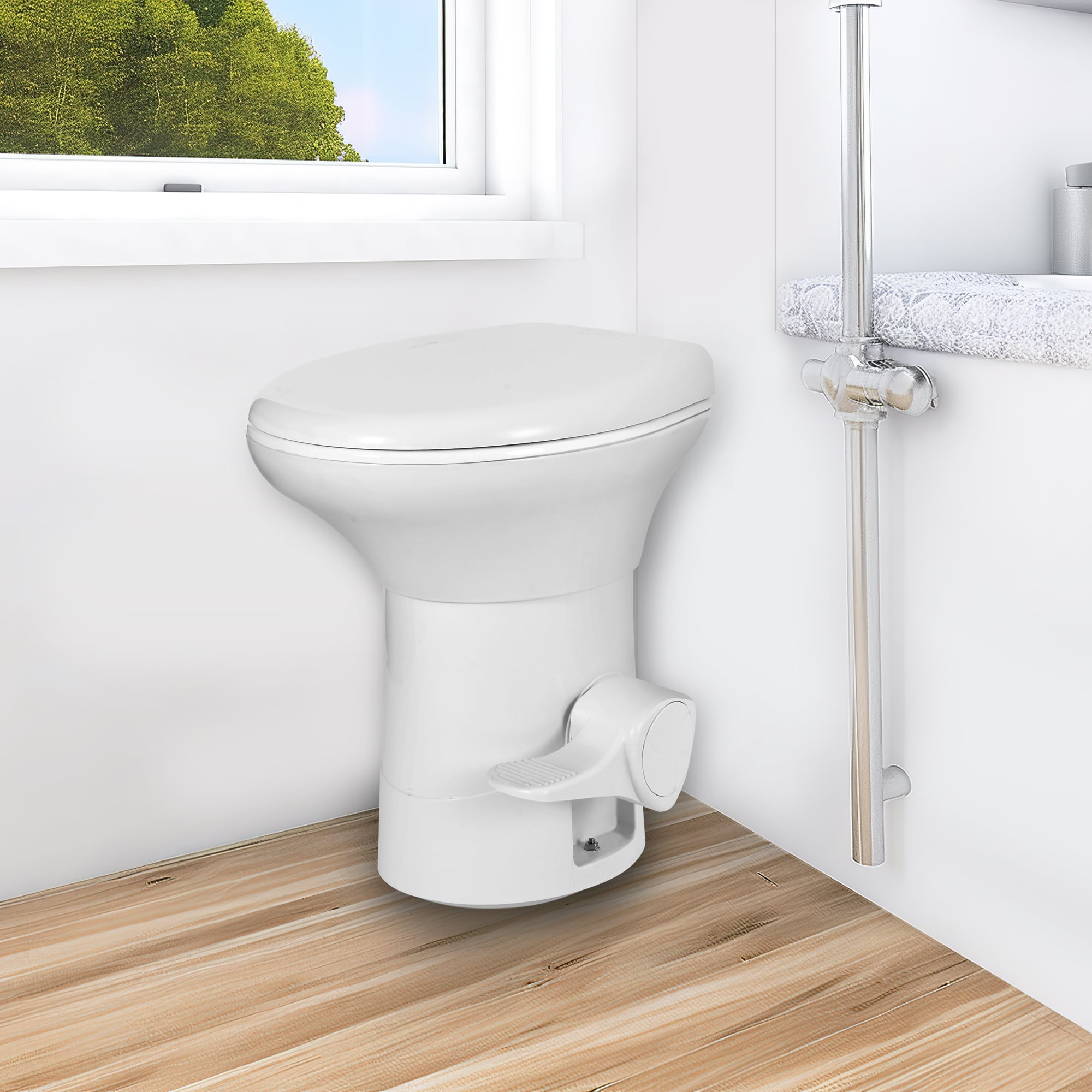 DEXTRUS High Profile Portable RV Toilet with Pedal Flush, Gravity Flush Toilet and Hand Sprayer
