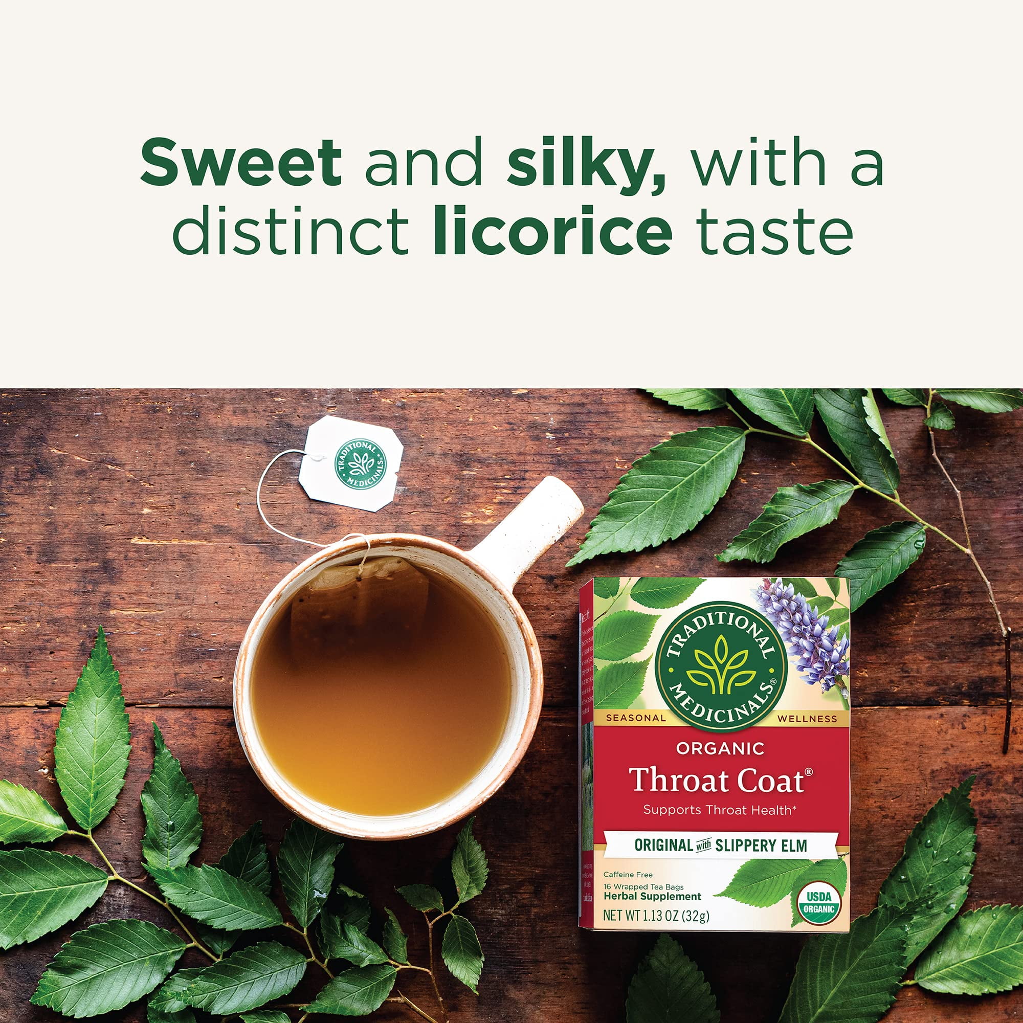 Traditional Medicinals Organic Throat Coat®, Original with Slippery Elm, Caffeine Free, 48 Wrapped Tea Bags, 3.38 oz (96 g)