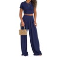 thumbnail image 2 of Liher 2 Piece Lounge Sets for Women Solid Color Navy Blue Summer Streetwear Slim Fit T Shirts and Loose Fit Flare Pant Set Clothes Size L, 2 of 4