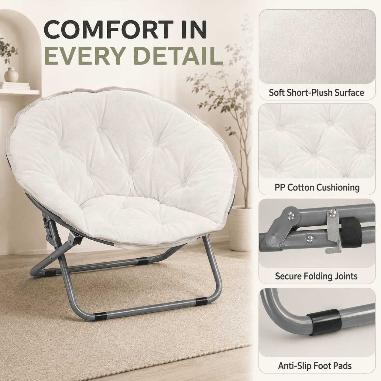 CLOUDREST PRO Soft Plush Folding Saucer Chair for Adults, Padded Round Lounge Seat, Metal Frame, 300 lb Capacity, White
