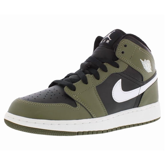Nike Air Jordan 1 Mid GS Boys Shoes Size 6, Color: Black/White/Medium Olive
