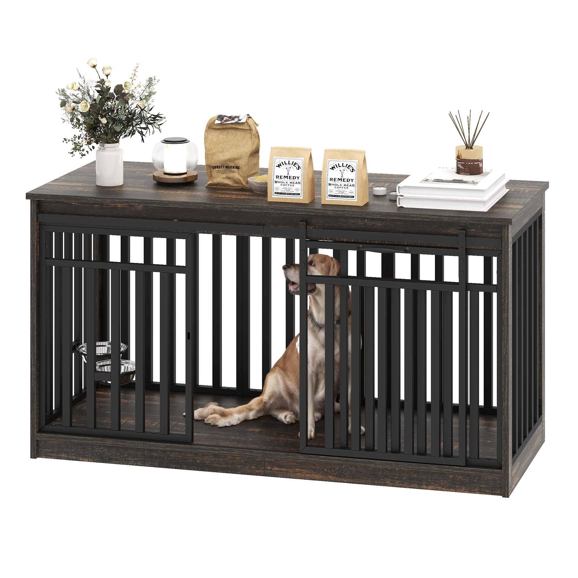 Dextrus 55" Extra Large Dog Crate Kennel Furniture with 2 Dog Bowl, Sliding Doors for Large Medium Dogs, Heavy Duty Wood TV Stand Dog Cage Table - Black Oak