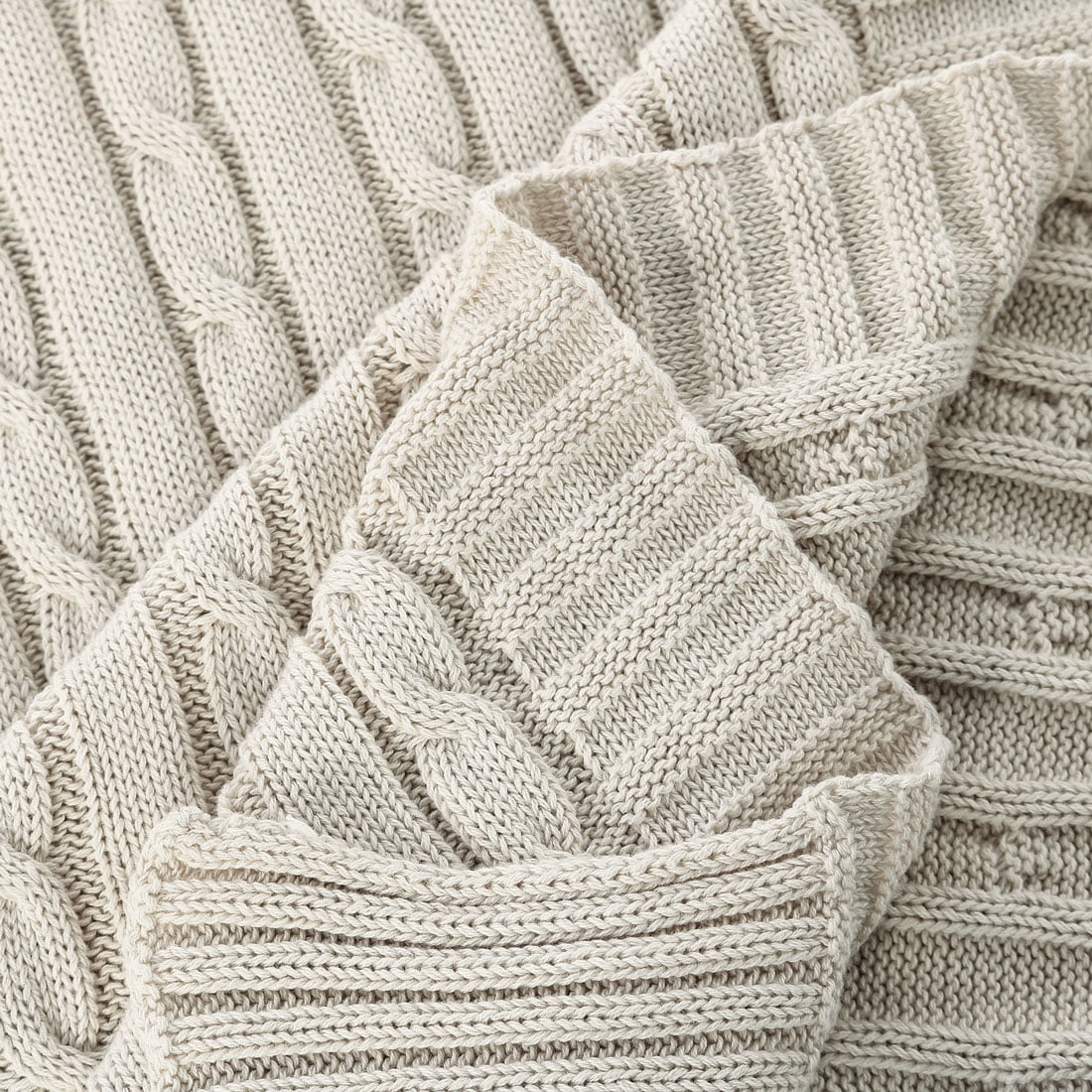 Unique Bargains Cable Knitted Bed Sofa Throw Blanket Beige 71"x79"