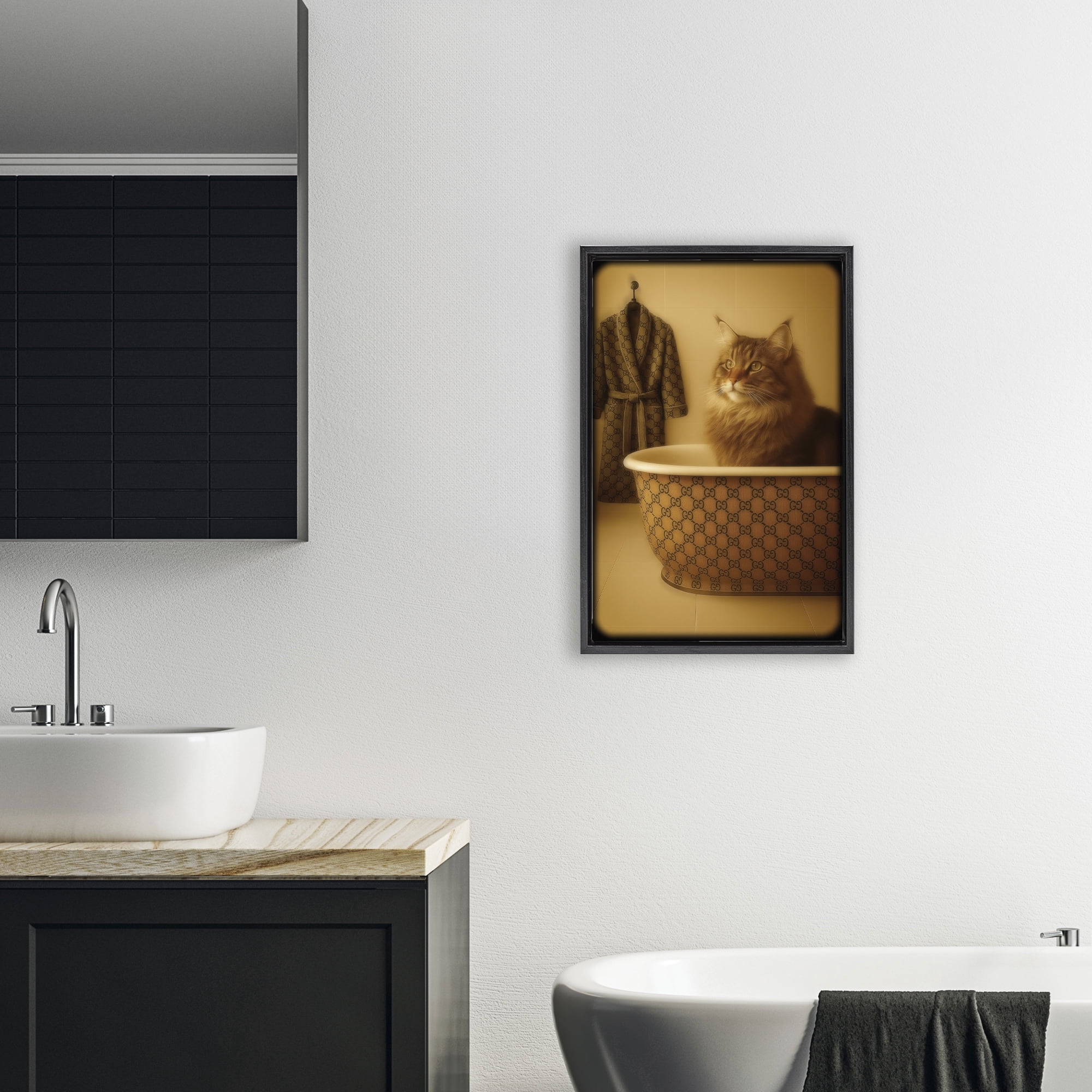 Stupell Industries Couture Main Coon in Luxury Tub Black Framed Floater Canvas Wall Art, design by Grotto Studios