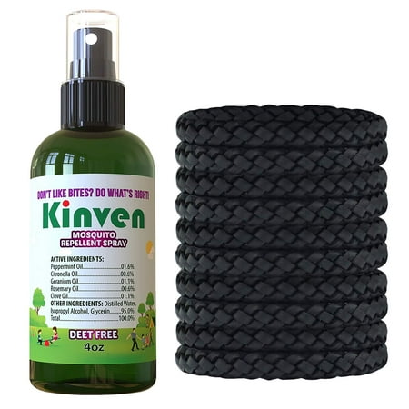 Kinven Bracelets and Spray Pack for Mosquito - 4oz Bottle + 10 Bracelets, Black, Great Looking and Natural, Insect Wristband & Spray, Waterproof, Indoor Outdoor Protection for Adults & Kids