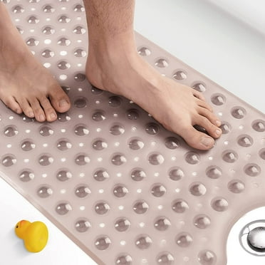 Bath Mat for Tub, Non Slip Bathtub Mat, 40 x 16 Inch Extra Long Bath Tub Mat, Machine Washable Bathroom Shower Mat with Suction Cups and Drain Holes, Soft on Feet, Clear Grey
