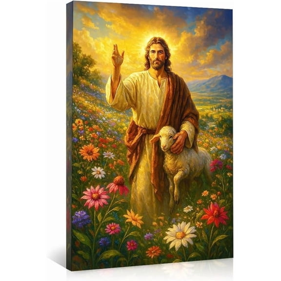Jesus with Lamb Canvas Wall Art,Christian Artwork Print,Religious Decor,Pastoral Scene Poster,Spiritual Wall Decor for Home,Living Room,Bedroom & Church Decorations
