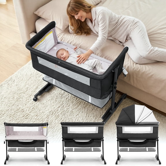 Baby Bassinet Bedside Crib Foldable Portable with Adjustable Height, Wheels, and Storage Basket, dark gray