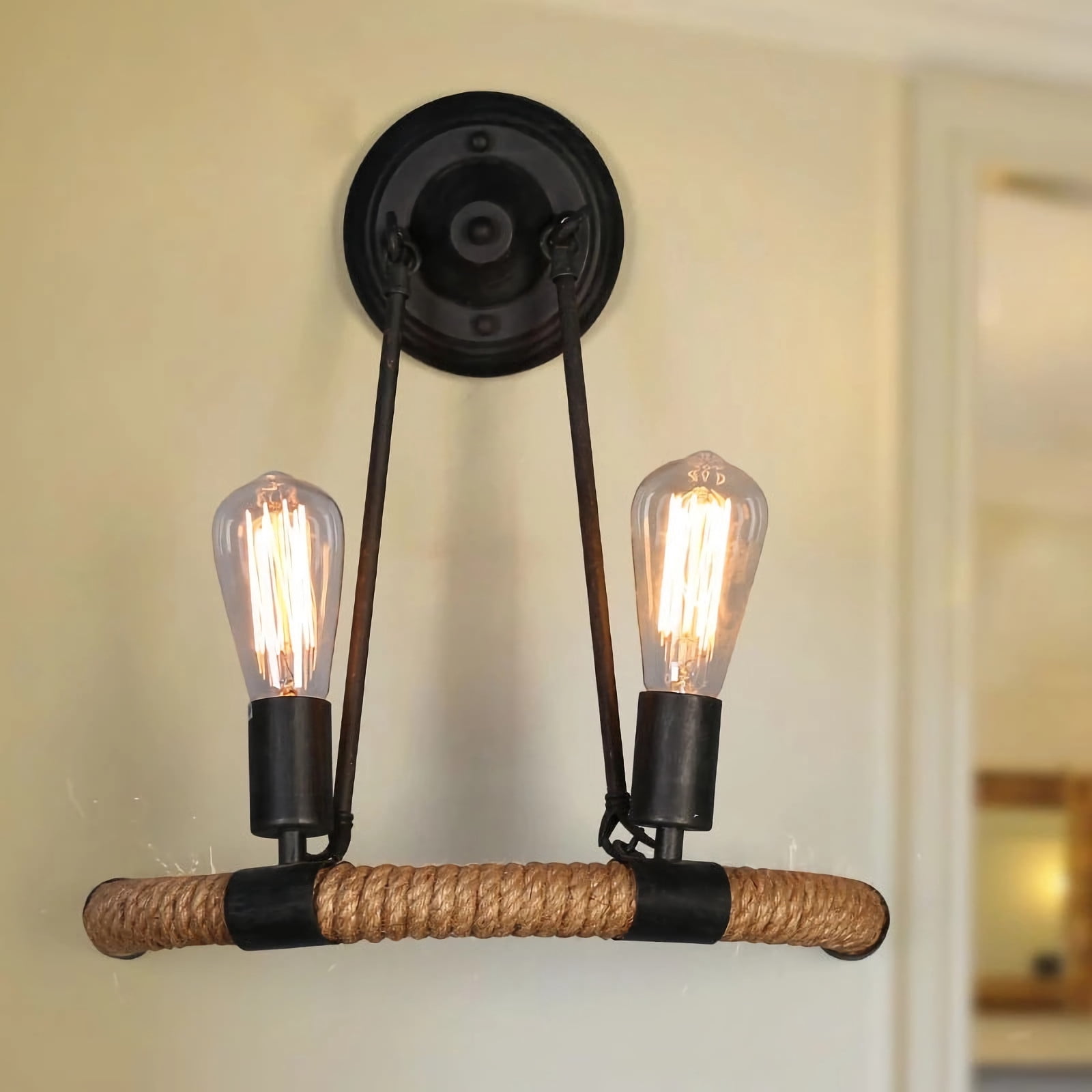 COOBATG Industrial Hemp Rope Wall Sconce, 15.7"x17" Black Metal Dual E27 Vintage Wall Lamp for Bar Hallway Bedroom Decor