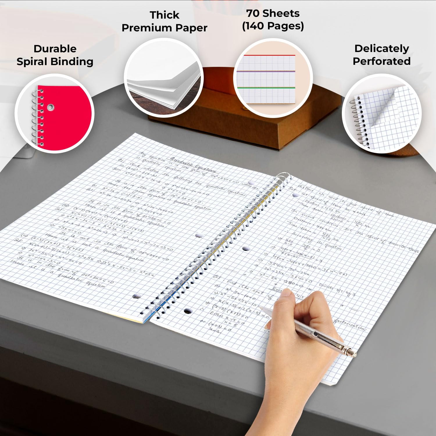 Rosmonde Bulk 1 Subject Spiral Notebook Graph Paper, 50 Pack, 140 Pages (70 Sheets), 8.5 x 10.5, Bulk 4x4 Grid Quad Ruled Spiral Notebook, 3 Hole Punched, Bulk Quad Ruled Graph Paper Spiral Notebooks