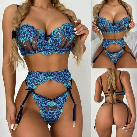 

Women Plus Size Clearance Cafuvv Women Exquisite Mesh Lingerie Bra+Garter+Briefs Set Babydoll Cut-Out Sleepwear
