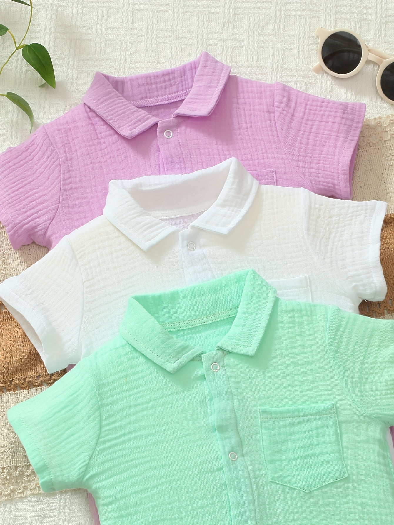 3pcs Baby Comfortable Breathable Muslin Onesie - Casual Solid Color, Short Sleeve Small Turnover Collar, Easy-Care Summer Romper, Unisex Clothing, Suitable for Outdoor Wear, Perfect for Outdoor