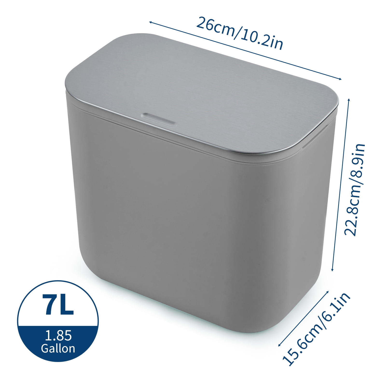 1.8 Gallon Kitchen Hanging Small Trash Can with Stainless Steel Lid, Odor-Free Compost Bin, Space-Saving Garbage Can for Cabinet, Under Sink, RV, Bathroom, Grey