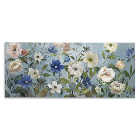 Stupell Industries Mixed Garden Blooms on Blue Floral Painting Wrapped Canvas Canvas Art Print Wall Art, 24 x 10