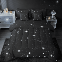 jejeloiu Galaxy Starry Sky Bedding Comforter Set 7-Piece,Shining Stars King Bedding Sets,White Black Bed Sheets For Children,Microfiber Bedroom Decor Reversible