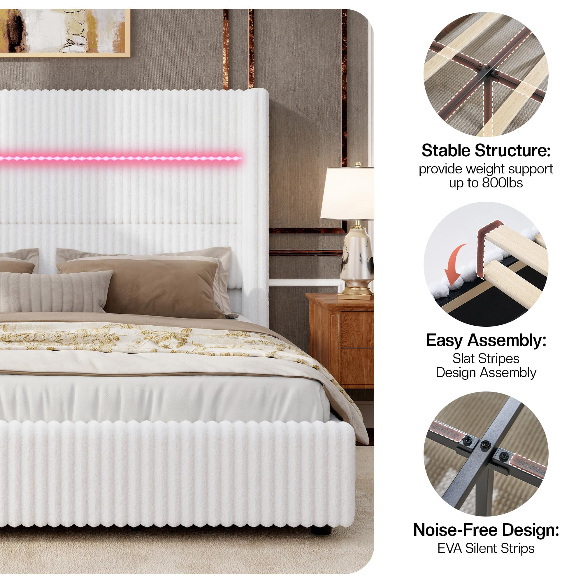 VanAcc 51.2" H Queen Size LED Bed Frame, Corduroy Upholstered Platform Bed with 4 Storage Drawers & Charging Station Wingback Headboard, White