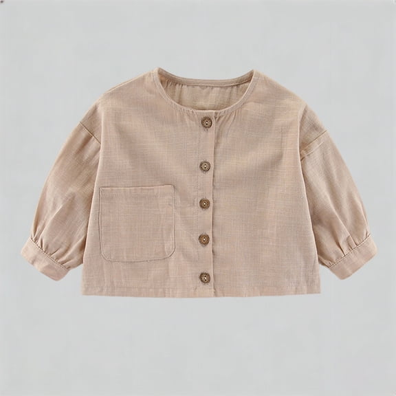 MAIHAN Relaxed Linen Blend Shirt Jacket for Boys Girls, Casual Oversized Button Up Long Sleeve Top, Unisex Kids Lightweight Coat(Khaki,12-24 Month)