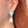 thumbnail image 4 of Unique Mirco Pave Silver Plated CZ Green Long Rhombus Pearl Dangle Drop Earrings, 4 of 9