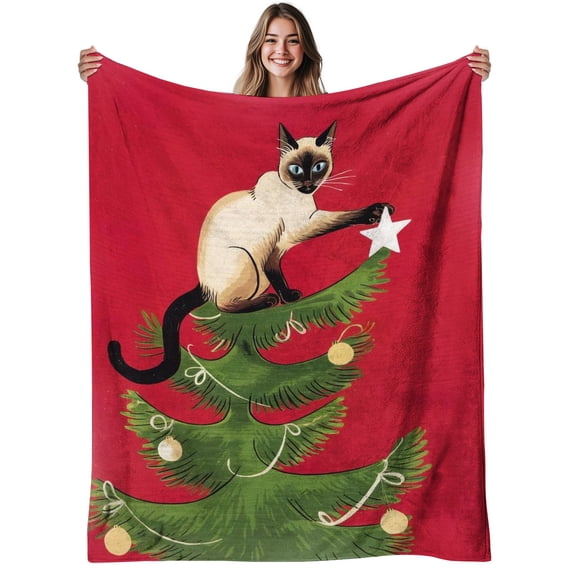 1pc Siamese Cat on Christmas Tree Flannel Blanket - Soft Warm 280gsm All-Season Bedspread with Siamese Kittens & Tree Print, Red/Green/Yellow/Golden Holiday Decor for Couch, Bed, Sofa - Cozy Pet-Them