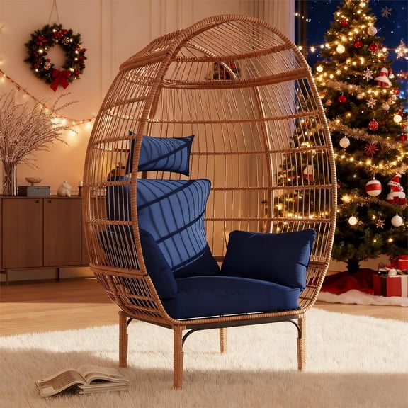 500 Lbs Capacity Oversized Wicker Egg Chair, All-Weather Rattan Egg Lounge Chairs for Patio, Backyard, Living Room, Outdoor Oversized Egg Chair Indoor w/5 Cushions