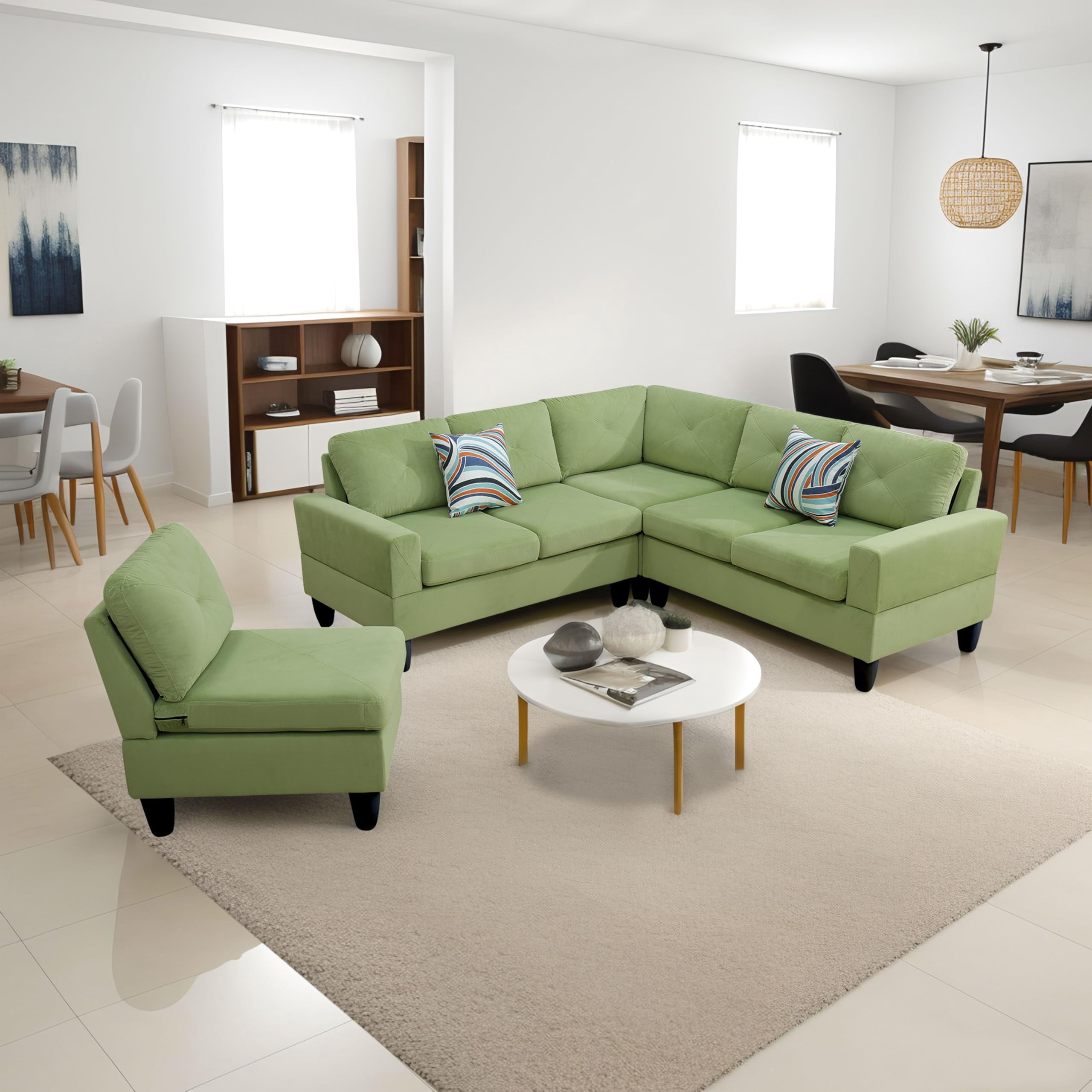 4-Piece Couch Living Room Sofa Set, 6 Seater Modular Sectional Couch L Shaped Corner Sofa, Green