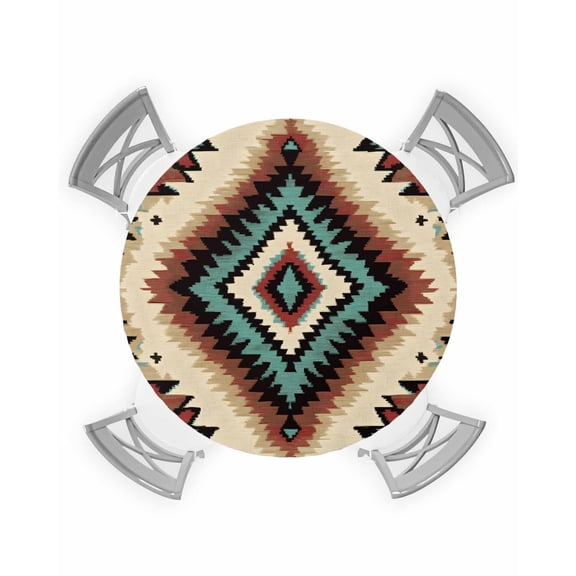 nqOlkjepod Brown Teal Red Boho Round Tablecloth, Fitted Table Cover with Elastic for 36"-44" Round Tables, Southwestern Retro Geometric Abstract Table Cloth Dinning Party Waterproof Tablecloths