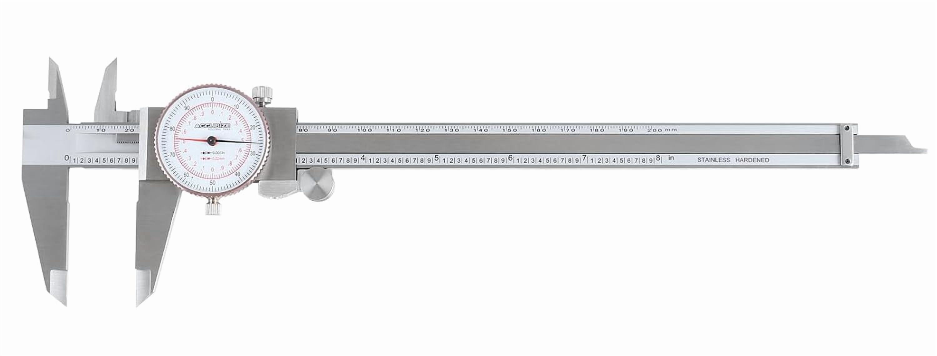 8''/200 mm by 0.001''/0.02 mm Dual Needle Precision Dial Caliper Stainless Steel in Fitted Case, Imperial/Metric, P920-S238