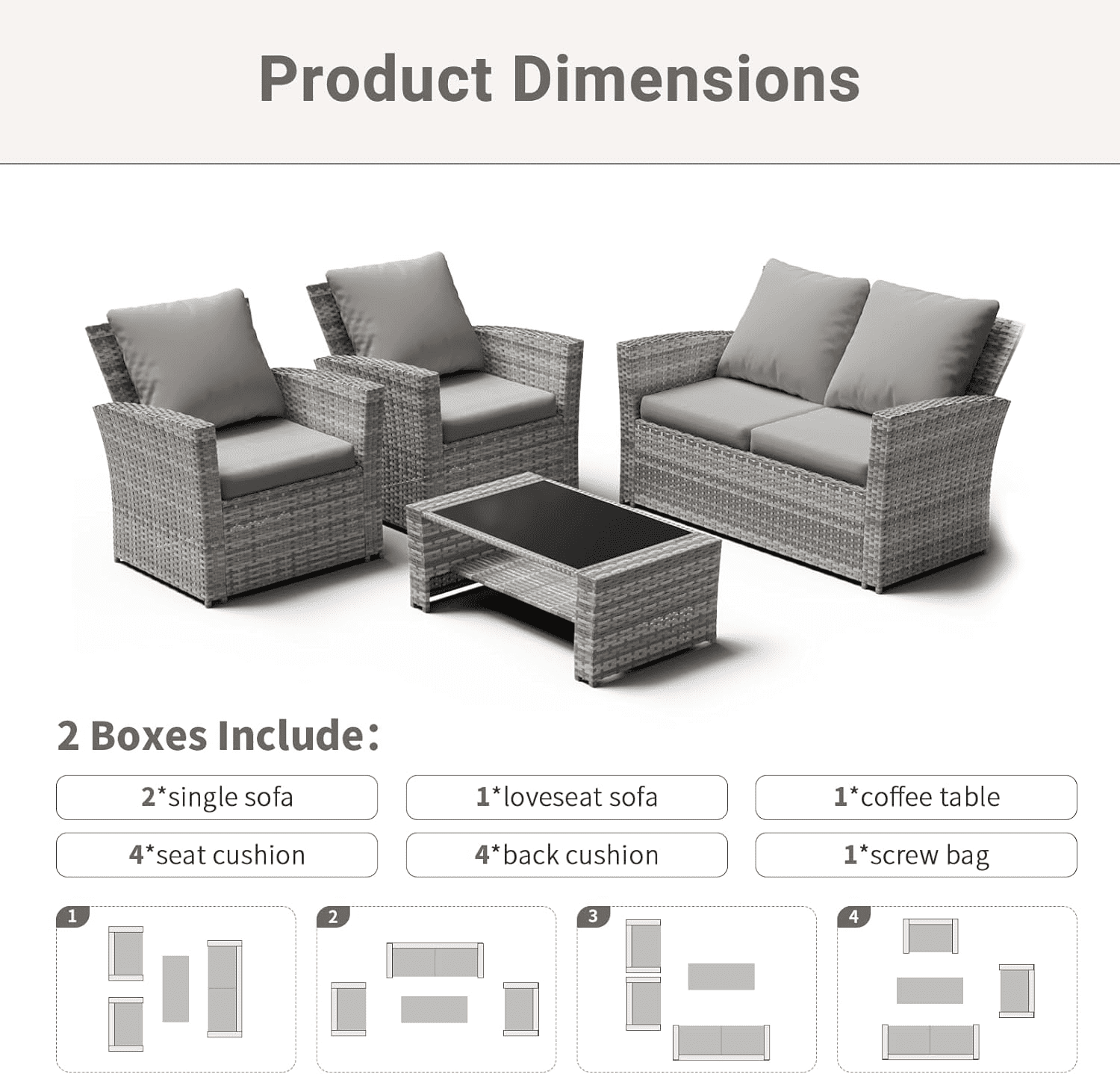 ELPOSUN Wicker Patio Furniture Set, 4 Piece Outdoor Sectional Conversation Sets, Gray PE Rattan Patio Sofa Set for Balcony, Porch, Backyard, Grey