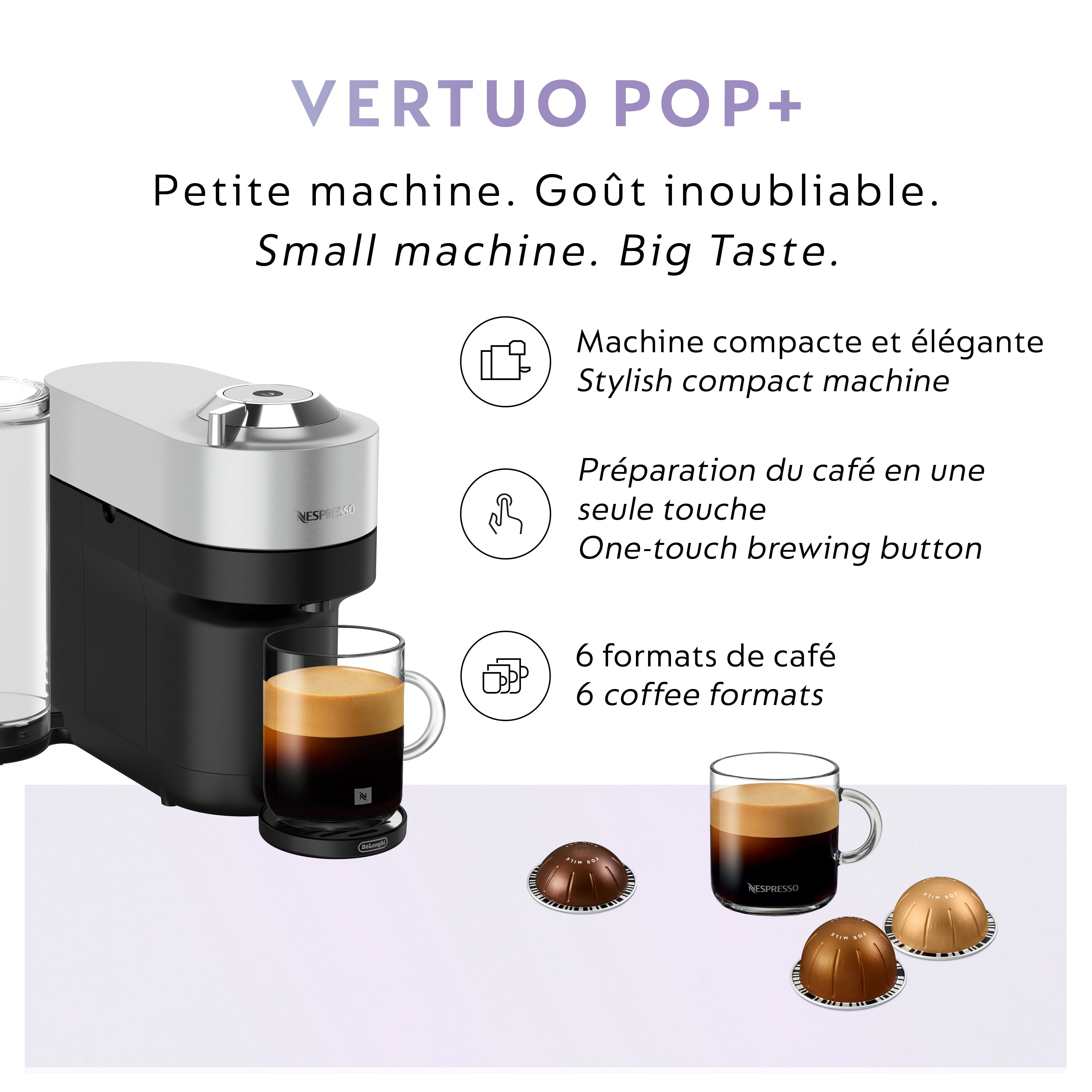 Nespresso Vertuo Pop+ Deluxe Coffee and Espresso Machine by De'Longhi, Silver, 6 cup sizes