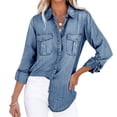 thumbnail image 4 of Women Button Down Denim Shirt Long Sleeve Roll Up Casual Oversized Jean Jacket Distressed Tunic Top, 4 of 7