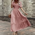 thumbnail image 2 of Busydd Womens Dresses Short Sleeve Solid Color Maxi Dress Fashion V Neck High Waisted Sundress Casual Tiered Flowy Summer Dresses Elegant Slim Button Long Dresses Comfy Cotton Linen Dress, 2 of 9