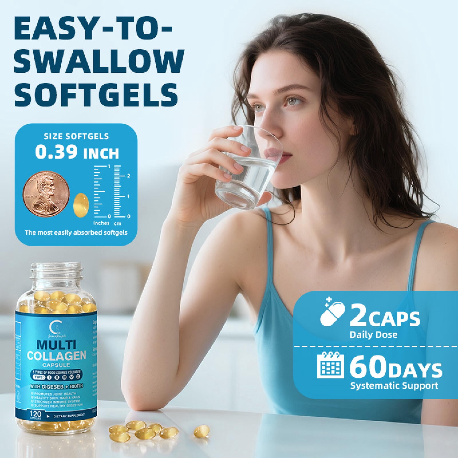 (2 PACK) Multi Collagen Capsules with Biotin & Vitamin C - 5 Types (I, II, III, V, X) - 120 Capsules