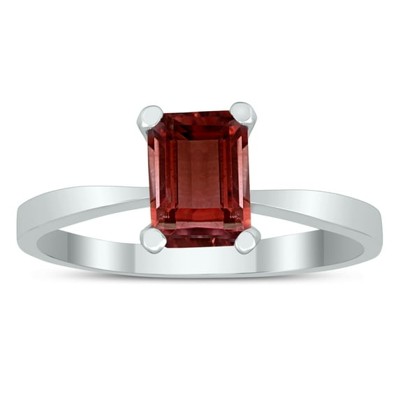 SZUL Women's Emerald Shaped 7X5MM Garnet Solitaire Ring in 10K White Gold