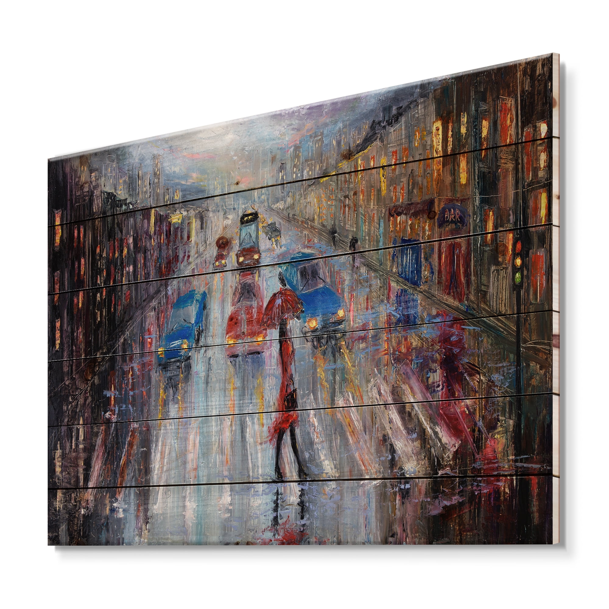 Designart 'Girl In Red Crossing The Street' Traditional Print on Natural Pine Wood