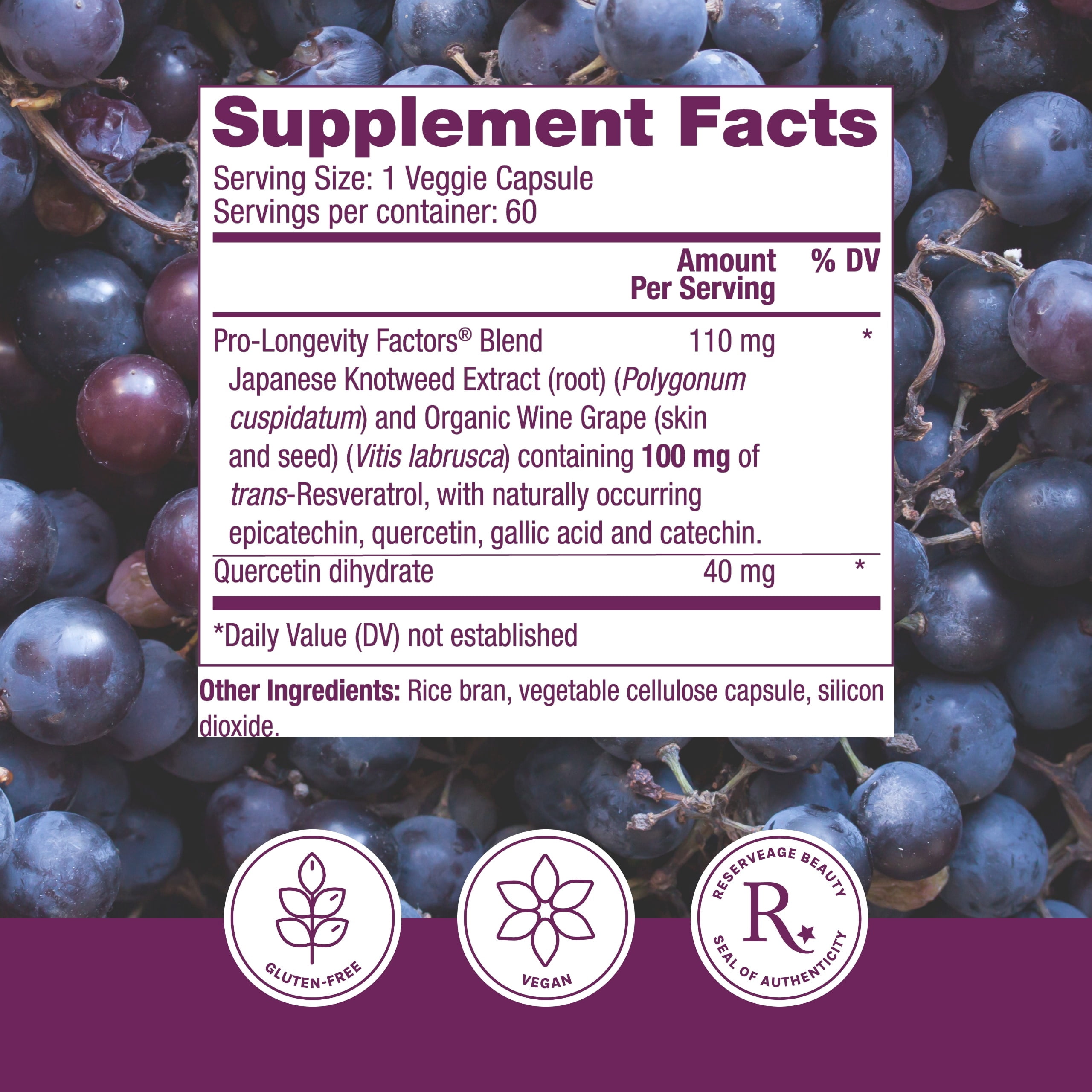 Reserveage Beauty, Resveratrol 100 mg, Antioxidant Supplement for Heart and Cellular Health, Supports Healthy Aging and Immune System, Paleo, Keto, 60 Capsules (60 Servings)