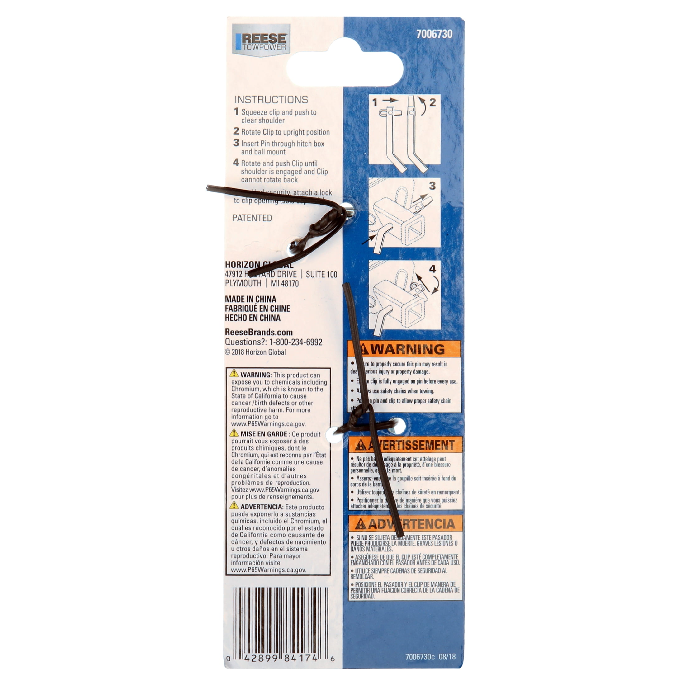 Reese Towpower 7006730 Anti-Theft Hitch Pin 2.75 in Length, 0.88 in Diameter Chrome, Class II1 Piece