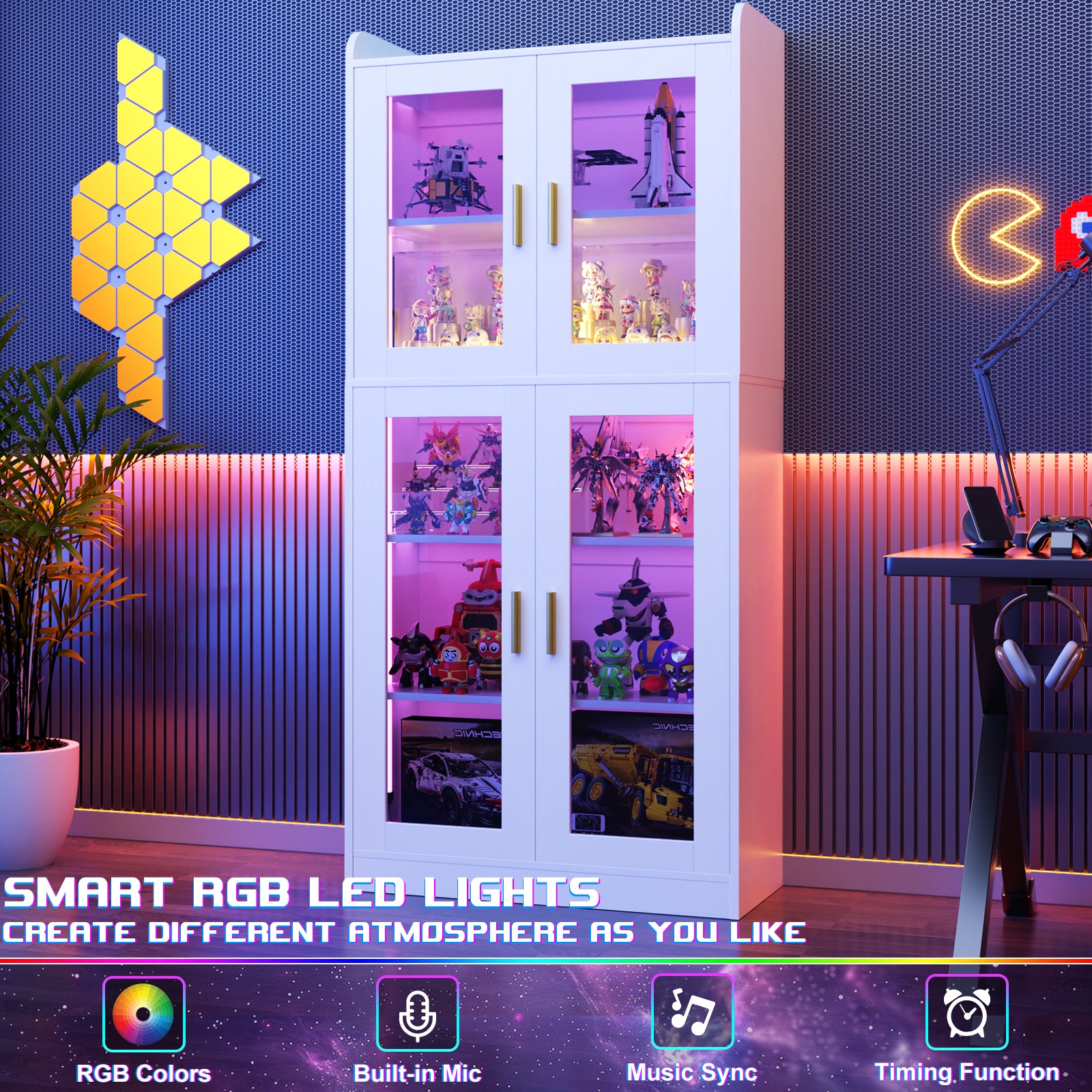 Homieasy 6-Shelf Bookcase with 4 Glass Doors, 67.4 inch Tall Bookcase with RGB LED Lights, for Living Room, Bedroom, Dorm Room, Black