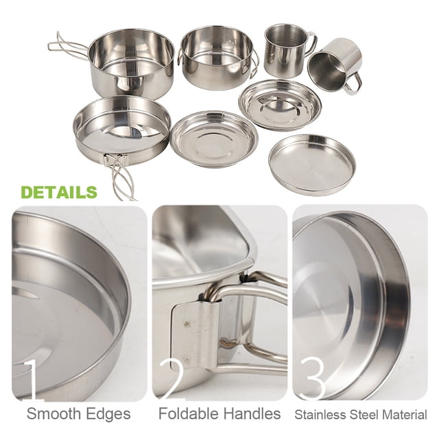 Camping Camping Cookware Mess Kit 8PCS Stainless Steel Cooking Pot and Pan Set with Plates Cups for Outdoor Camping Hiking Backpacking