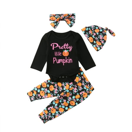 

Infant Newborn s Romper Set Triangle Tops with Pumpkin Long Pants Hat and Headband