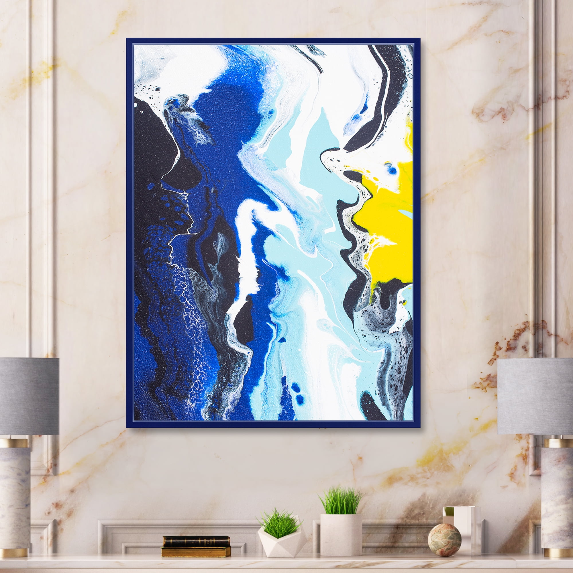 Designart 'Abstract Blue and Yellow Waves' Modern Framed Canvas Wall Art Print