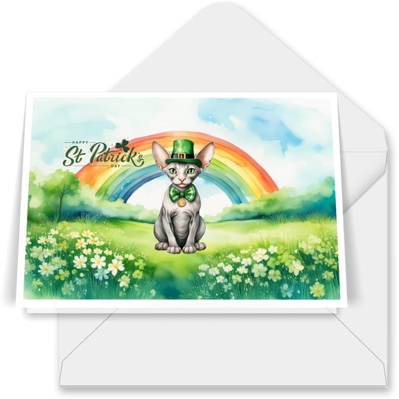 Happy St. Patrick’s Day Sphynx with Green Hat Shamrocks Rainbow 7x5in Folded Greeting Card Cat Lover Kitten Owner Gifts Idea Single Note Card with Envelope - 03007