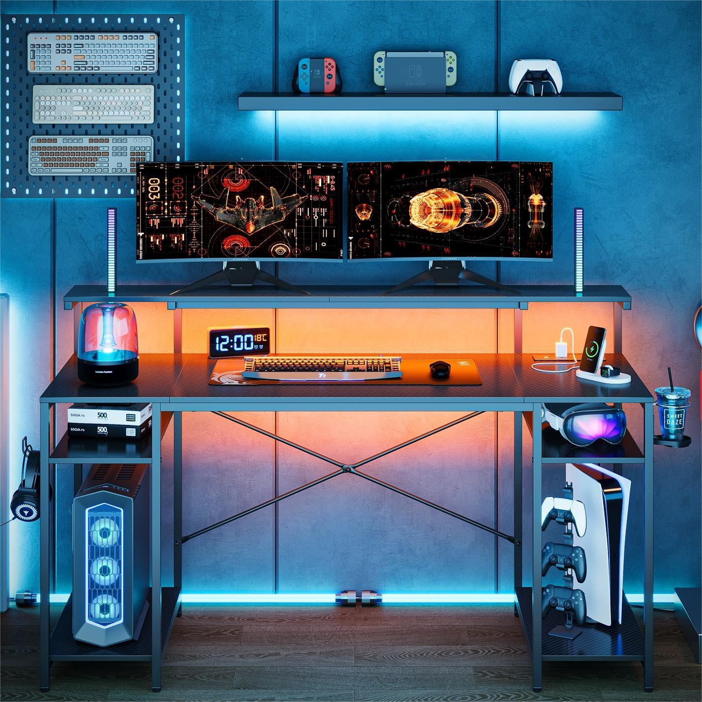 Bestier Gaming Desk with LED Light & Outlets 55" Computer Desk with Monitor Stand, Black Carbon Fiber