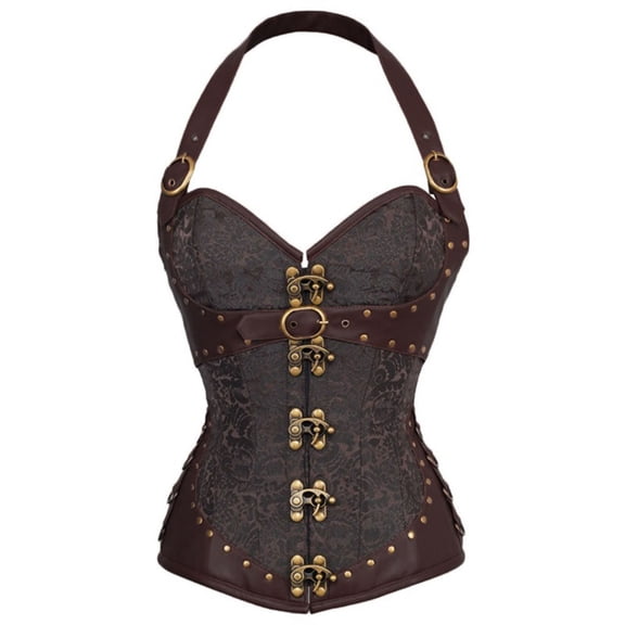LILIYA Gothic Corset Tops for Women, Halter Steel Boned Overbust Bustier Shapewear, Adjustable Lace Up Waist Cincher Bodysuit for Halloween Party, Vintage Corset Top
