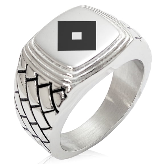 Stainless Steel Miyoshi Samurai Crest Geometric Pattern Step-Down Biker Style Polished Ring